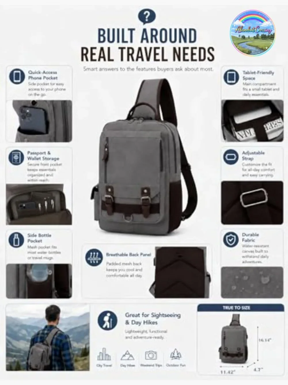 Canvas Messenger Bag with USB Charging Port, Anti-Theft
